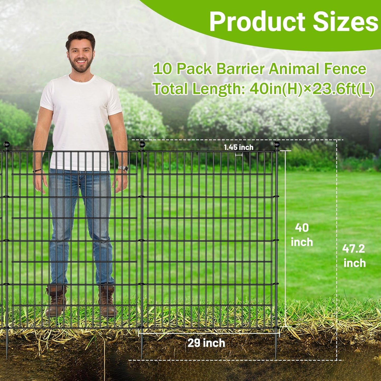 10 Panels No Dig Decorative Outdoor Garden Fence with Gate for Yard, 40 in(H) X 23.6 ft(L) Animal