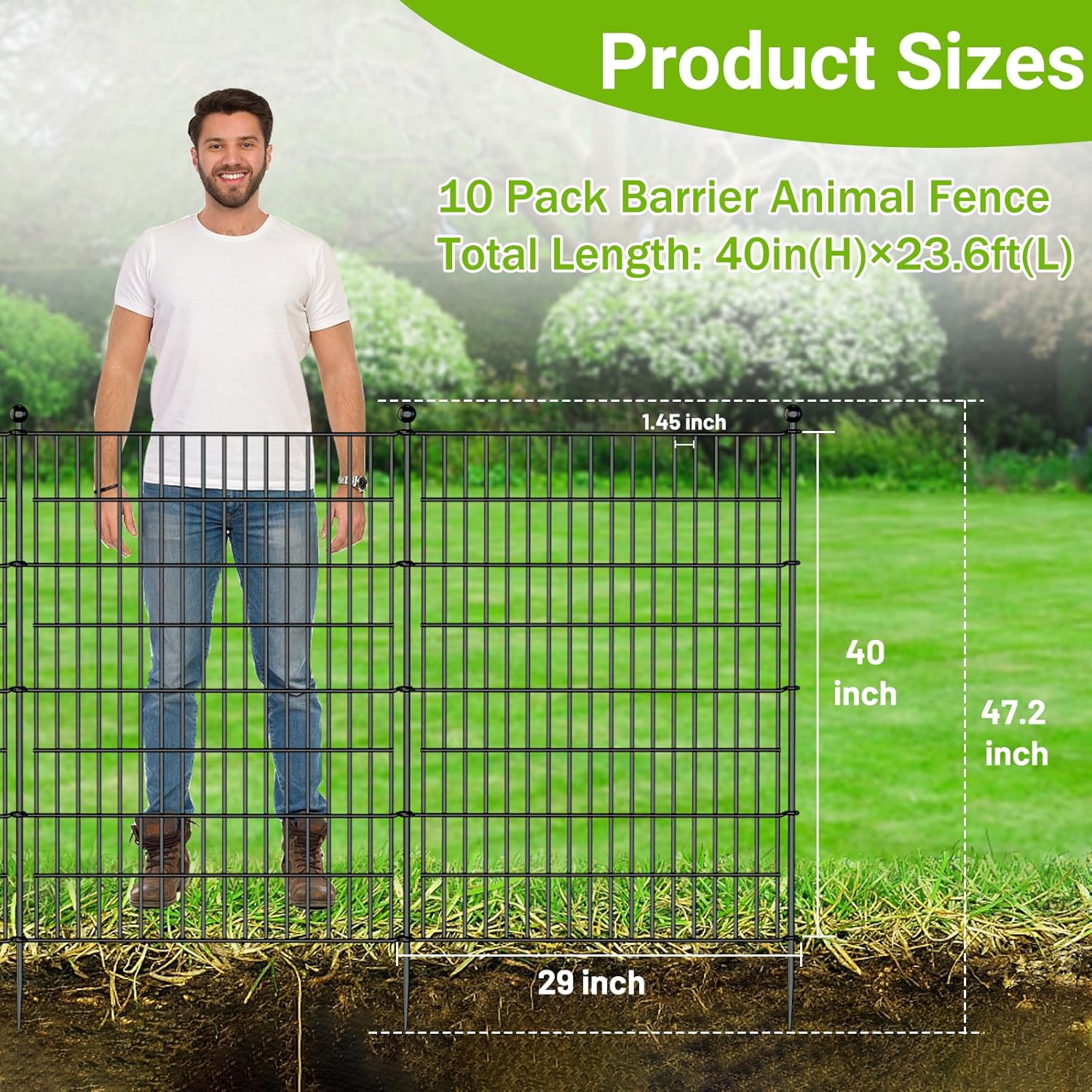 10 Panels No Dig Decorative Outdoor Garden Fence with Gate for Yard, 40 in(H) X 23.6 ft(L) Animal