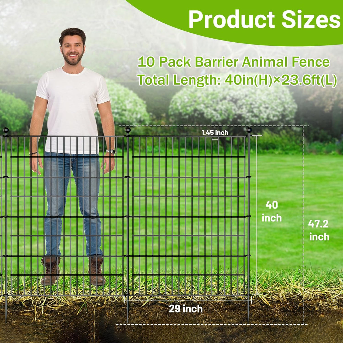 10 Panels No Dig Decorative Outdoor Garden Fence for Yard, 40 in(H) X 23.6 ft(L) Animal Barrier