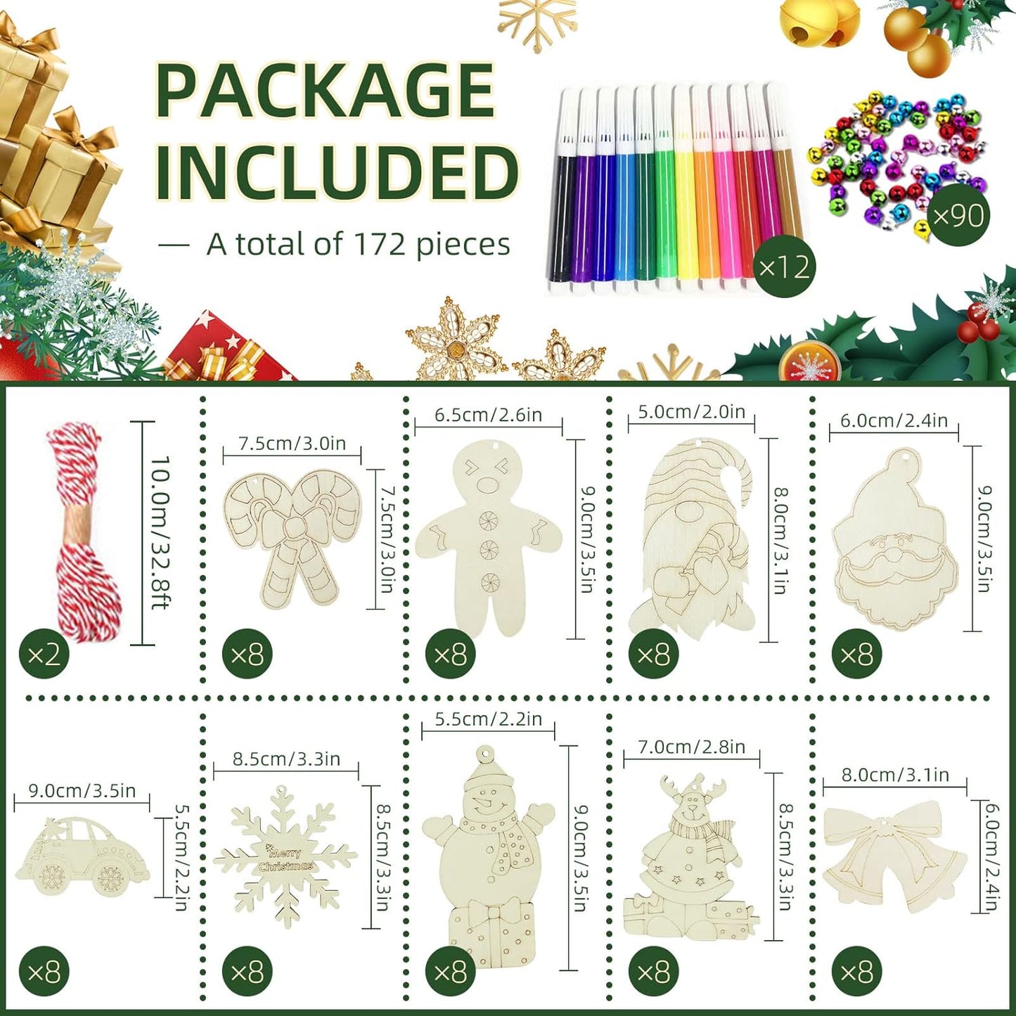Wooden Christmas Ornaments, 176 PCS Unfinished Predrilled Wood Ornaments Set with 72 Blank Wood