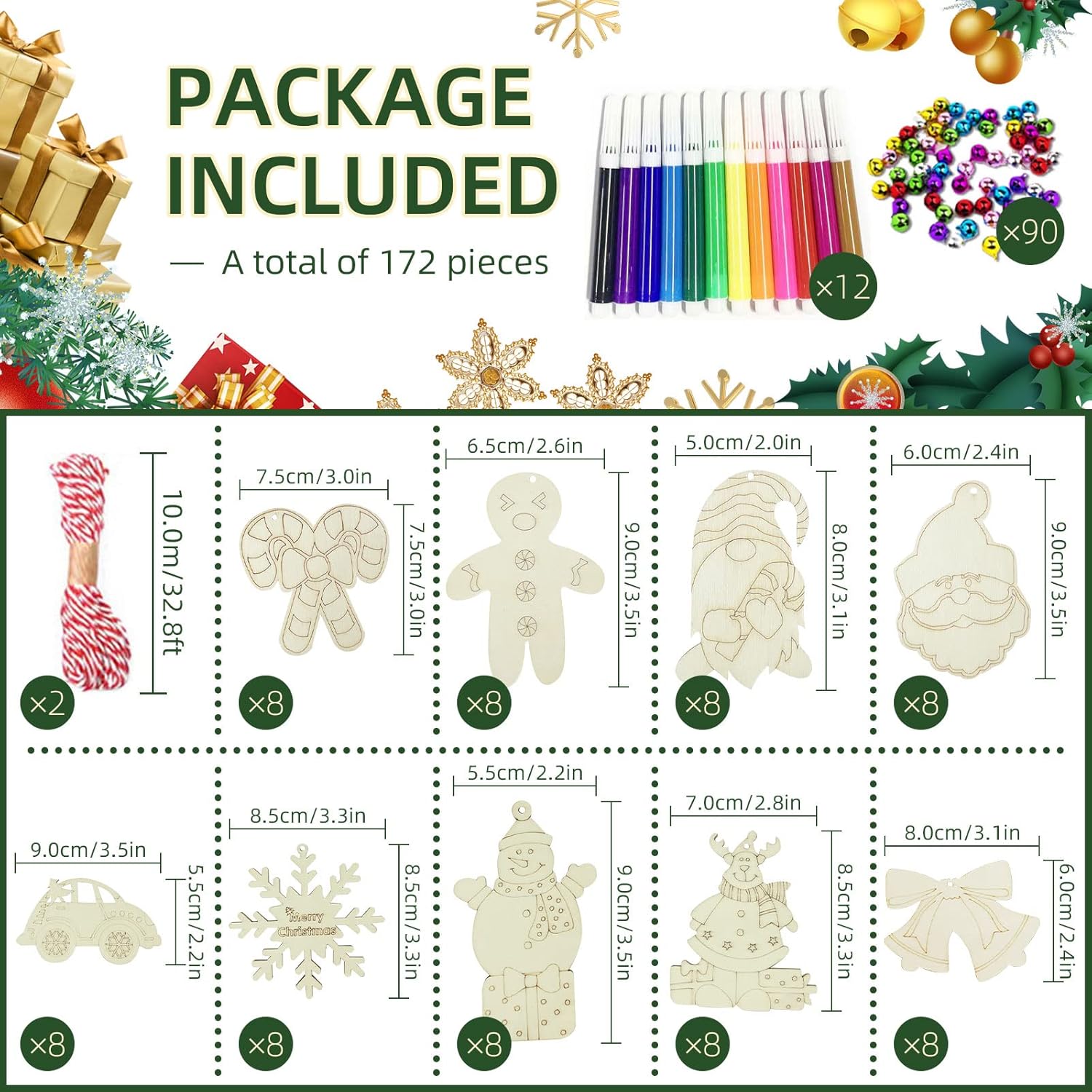 Wooden Christmas Ornaments, 176 PCS Unfinished Predrilled Wood Ornaments Set with 72 Blank Wood