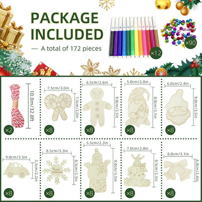 Wooden Christmas Ornaments, 176 PCS Unfinished Predrilled Wood Ornaments Set with 72 Blank Wood