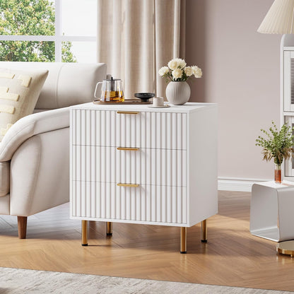 White 3 Drawer Dresser for Bedroom, Fluted Modern Nightstand with Deep Drawers, Chest of Drawers