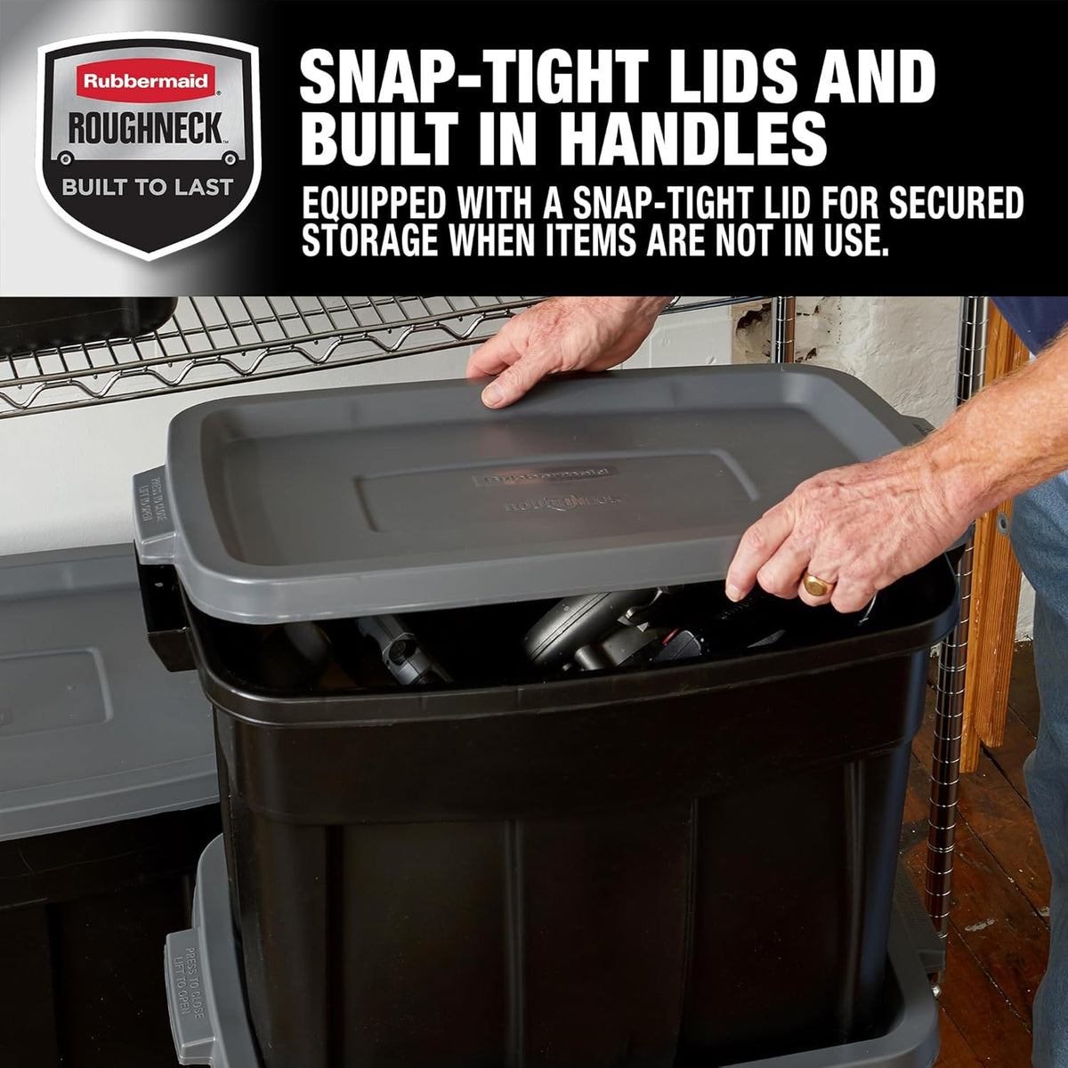 Rubbermaid Roughneck Tote 18 Gal, 6 Pack, Made in USA, Black & Gray, Rugged Plastic Stackable