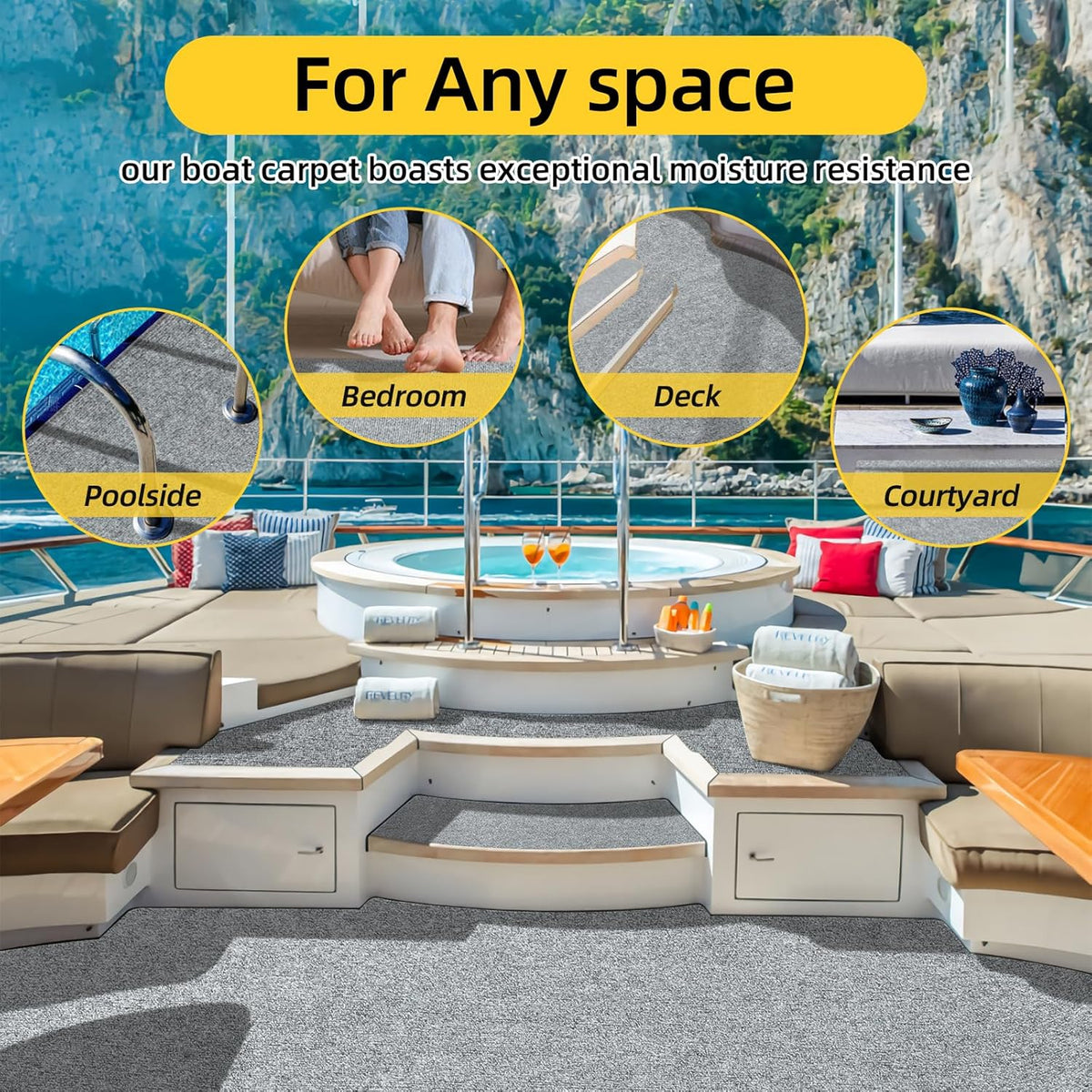 Marine Carpet,5 FT x 15 FT Smoke Gray Indoor Outdoor Carpet 0.2" Thick Boat Carpet with Water-Proof