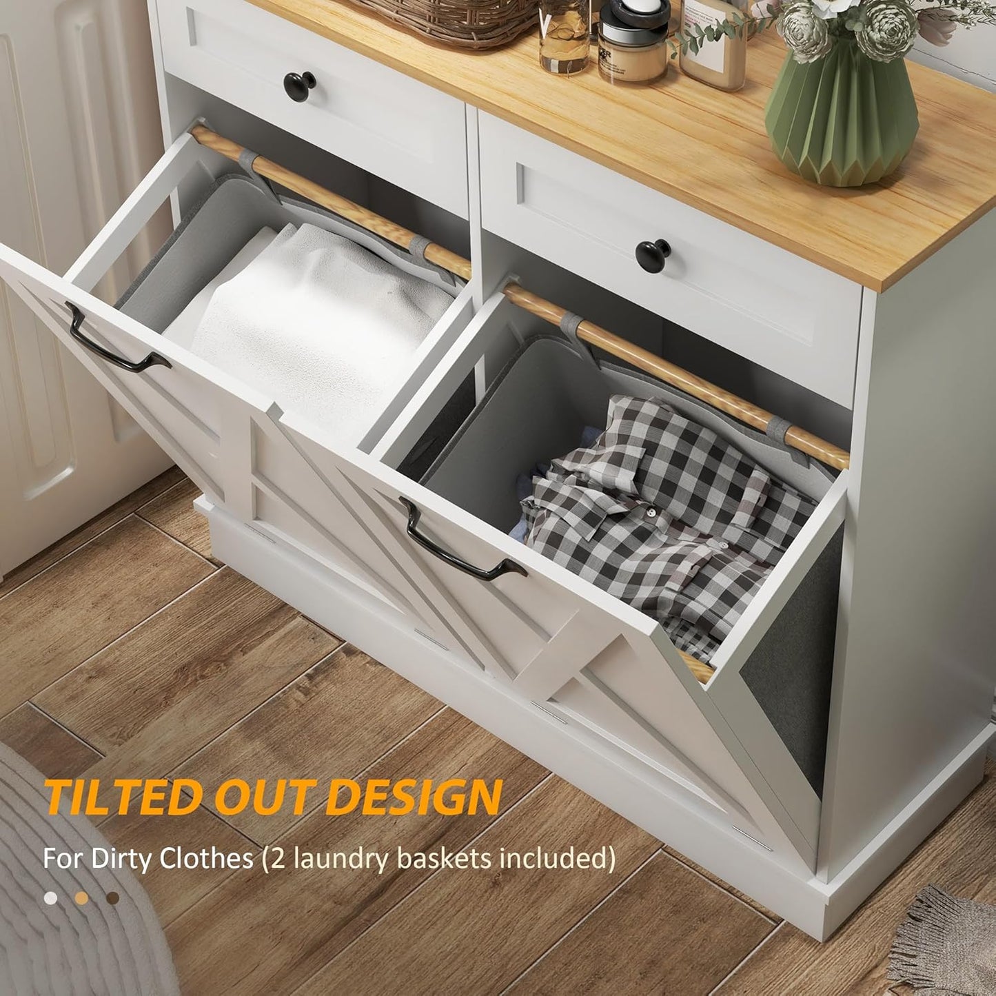 HOMCOM Tilt Out Laundry Hamper Cabinet with 2 Removable Baskets, Freestanding Bathroom Storage