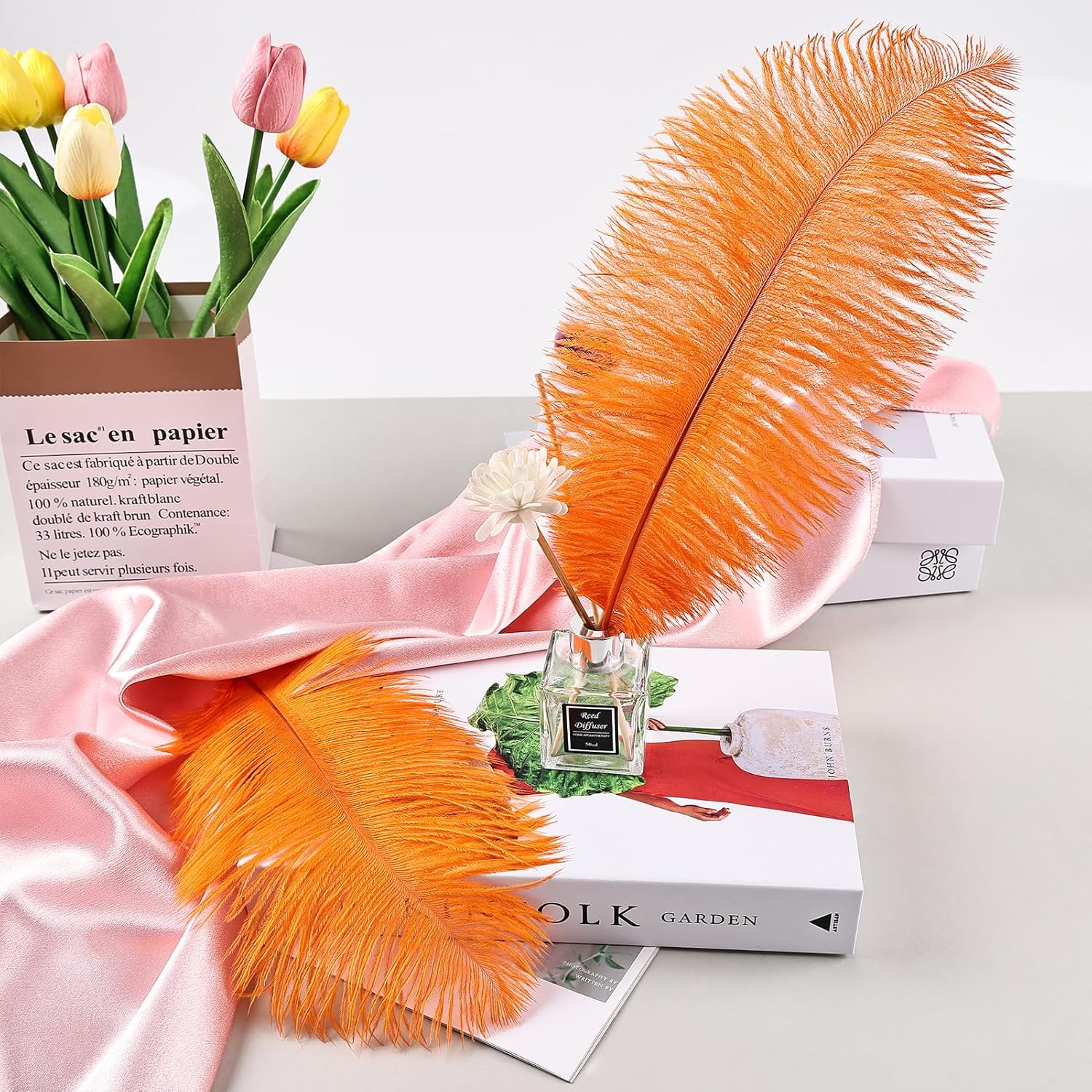 THARAHT Orange Ostrich Feathers 12pcs Natural Bulk 10-12Inch 25cm-30cm for Crafts Wedding Party