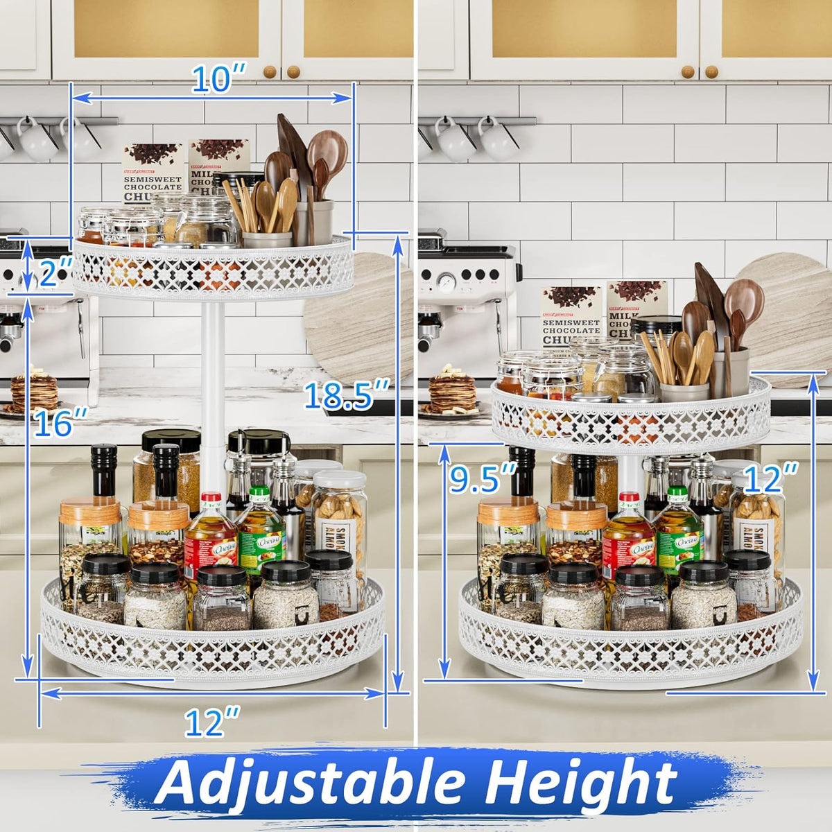 Lazy Susan Organizer 2 Tier - Turntable Spice Rack 12 inch Adjustable Metal Rotating Lazy Susan for