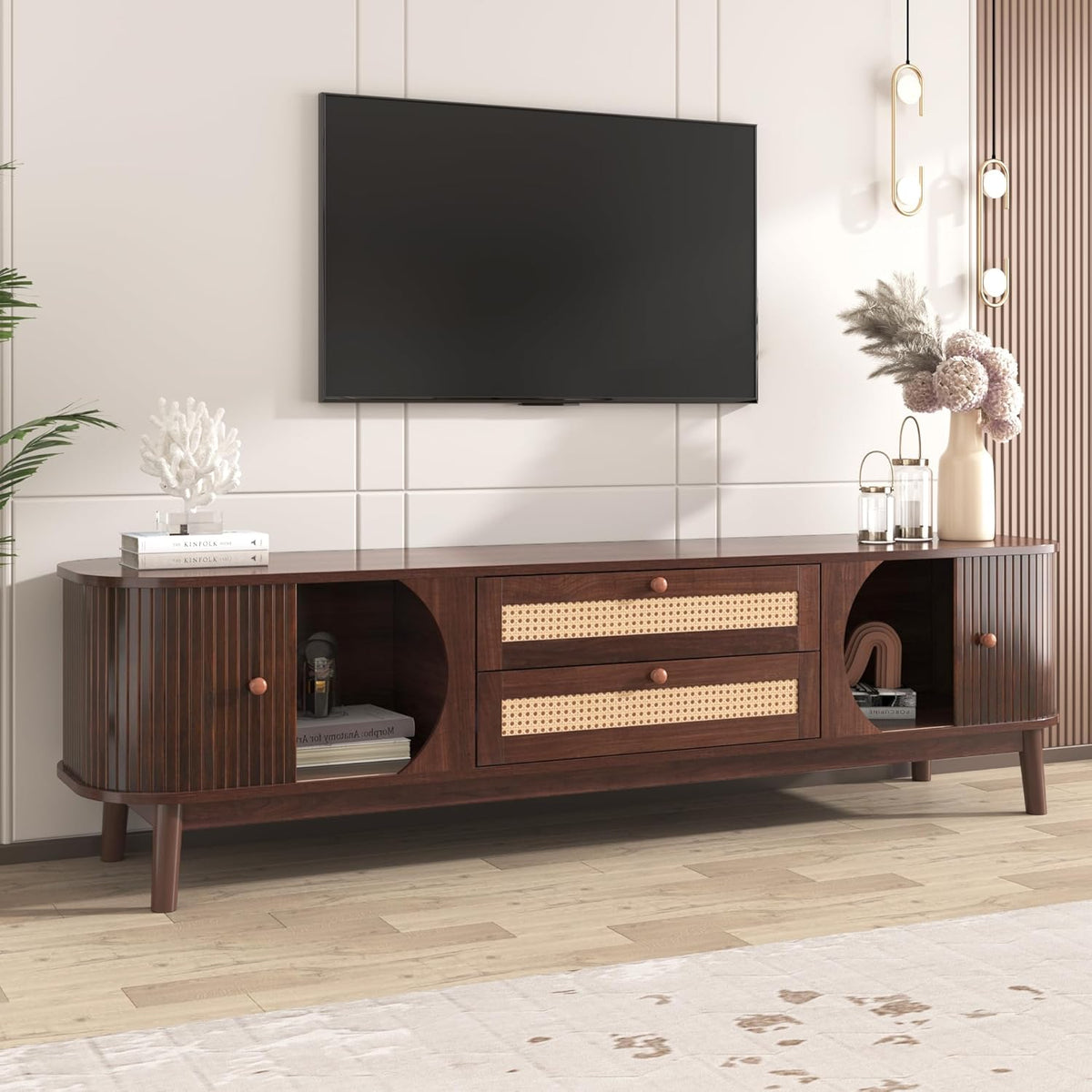 Merax Modern Fluted TV Stand for 75" TVs, Mid-Century Entertainment Center Tambour Door Media
