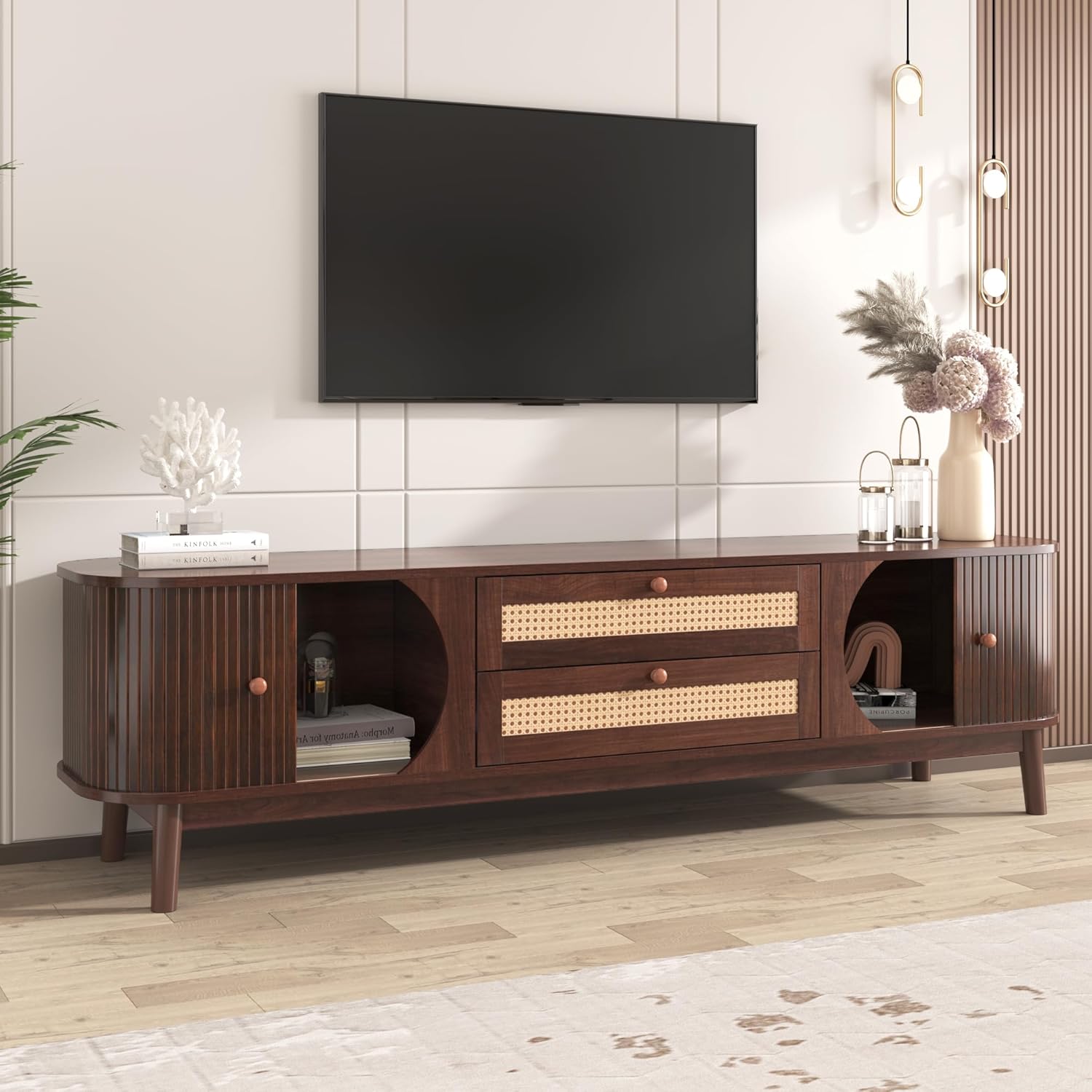 Merax Modern Fluted TV Stand for 75" TVs, Mid-Century Entertainment Center Tambour Door Media