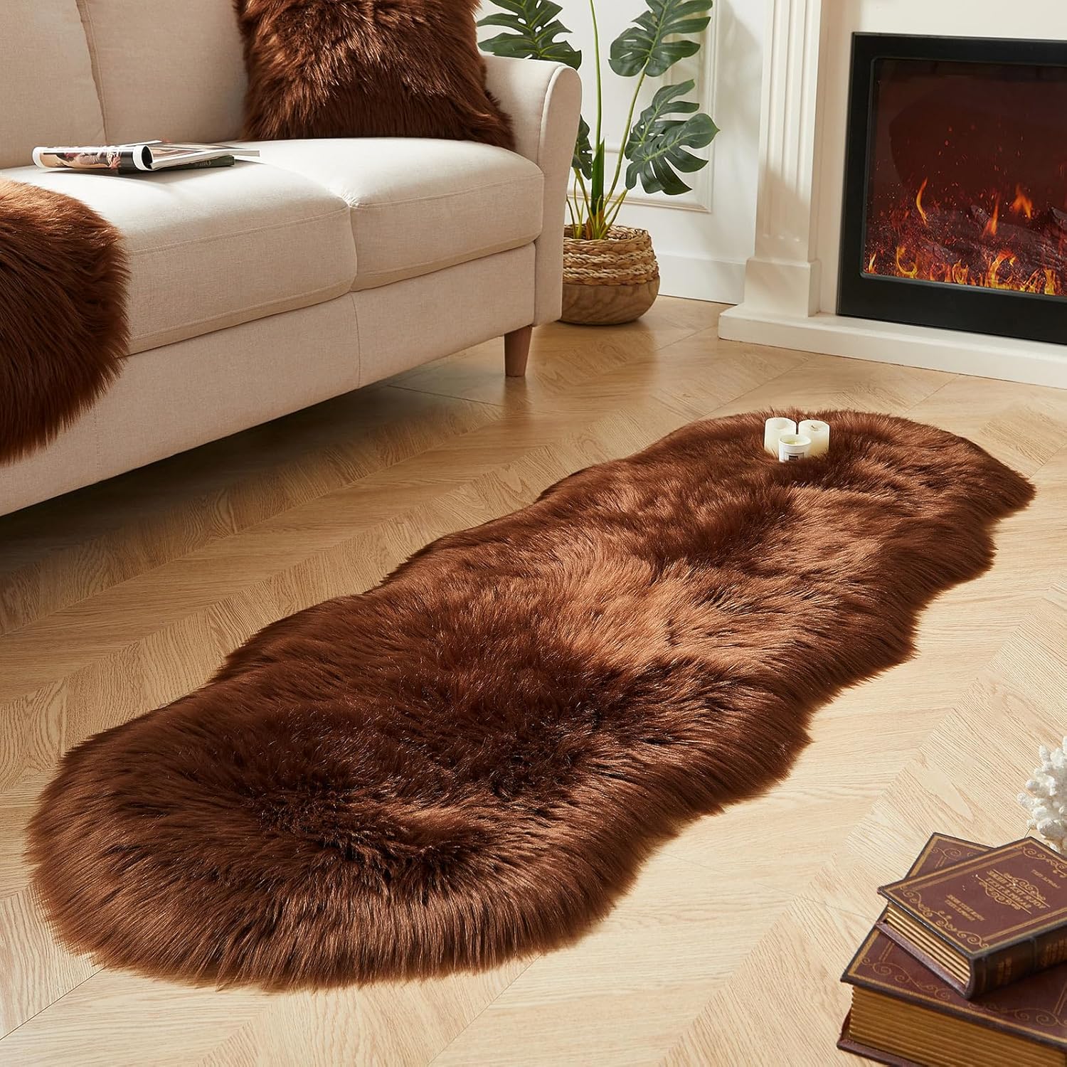 AMTOVO Faux Sheepskin Rug, Coffee Ultra Soft Fluffy Shag Area Rug, 2 x 6 ft Faux Fur Rug for