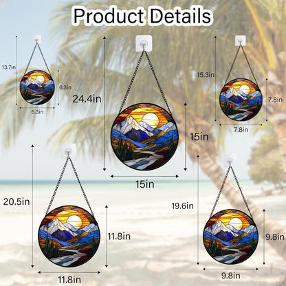 Stained Glass Window Hanging, Yellow Blue Sunset Mountains Scenery Sun Catcher for Window Home