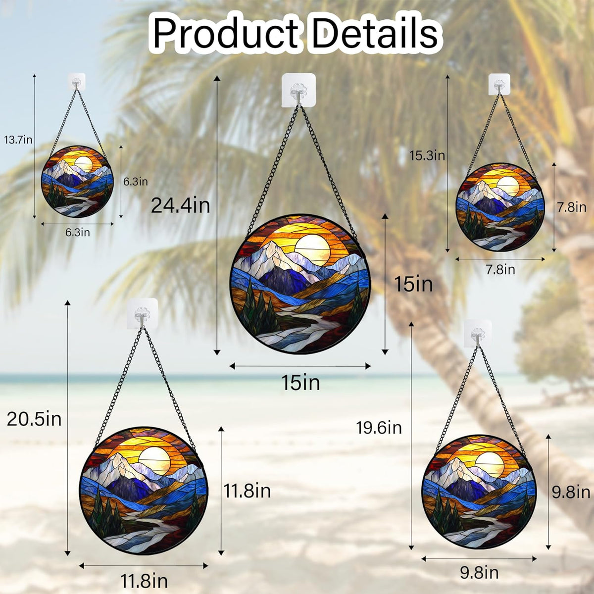 Stained Glass Window Hanging, Yellow Blue Sunset Mountains Scenery Sun Catcher for Window Home