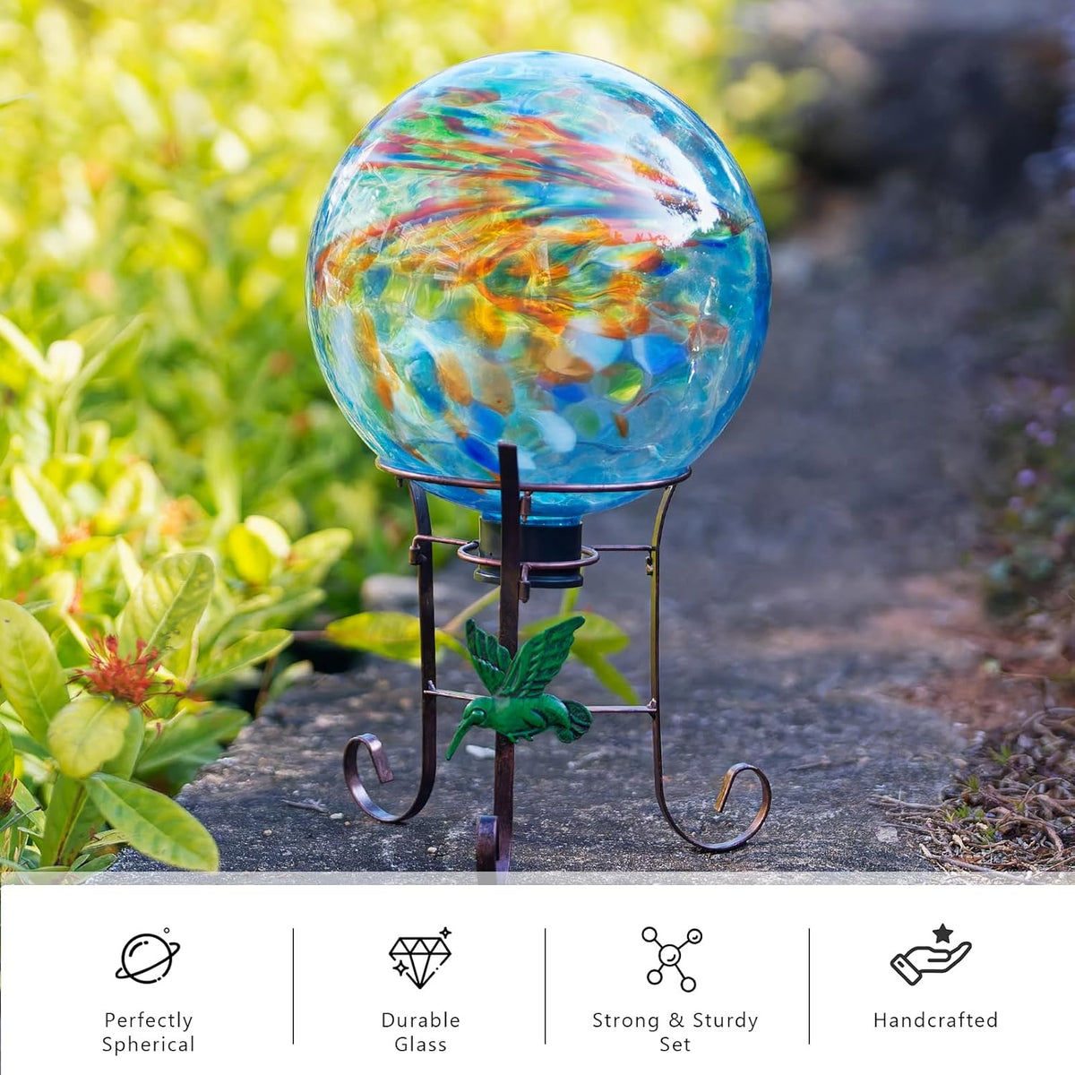 10 Inch Glass Gazing Ball, with 9.4" Tall Metal Gazing Globe Stand, Glass Balls Display Holder Set