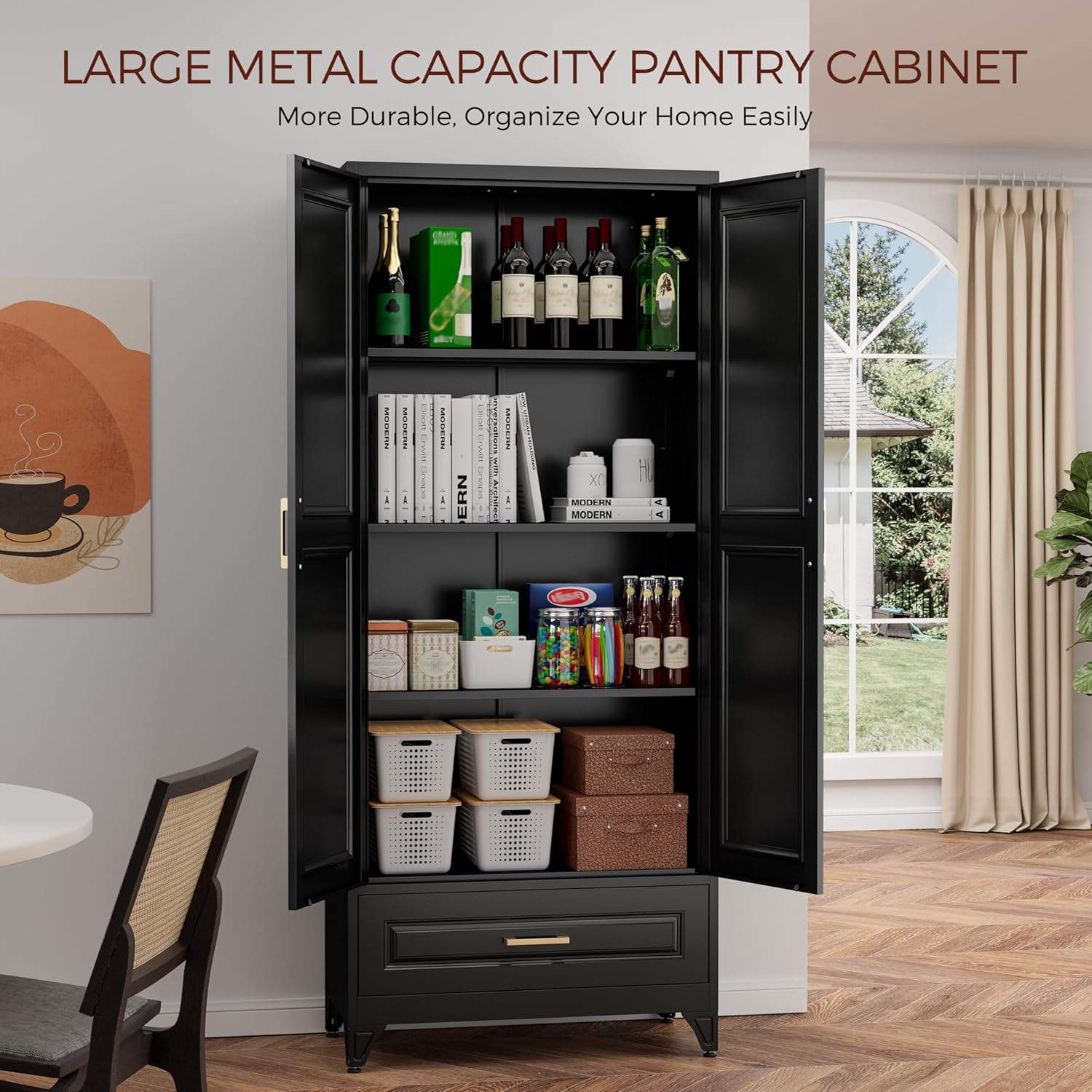 75" Kitchen Pantry Cabinet with Drawer, Metal Storage Cabinets with Doors and Adjustable Shelves