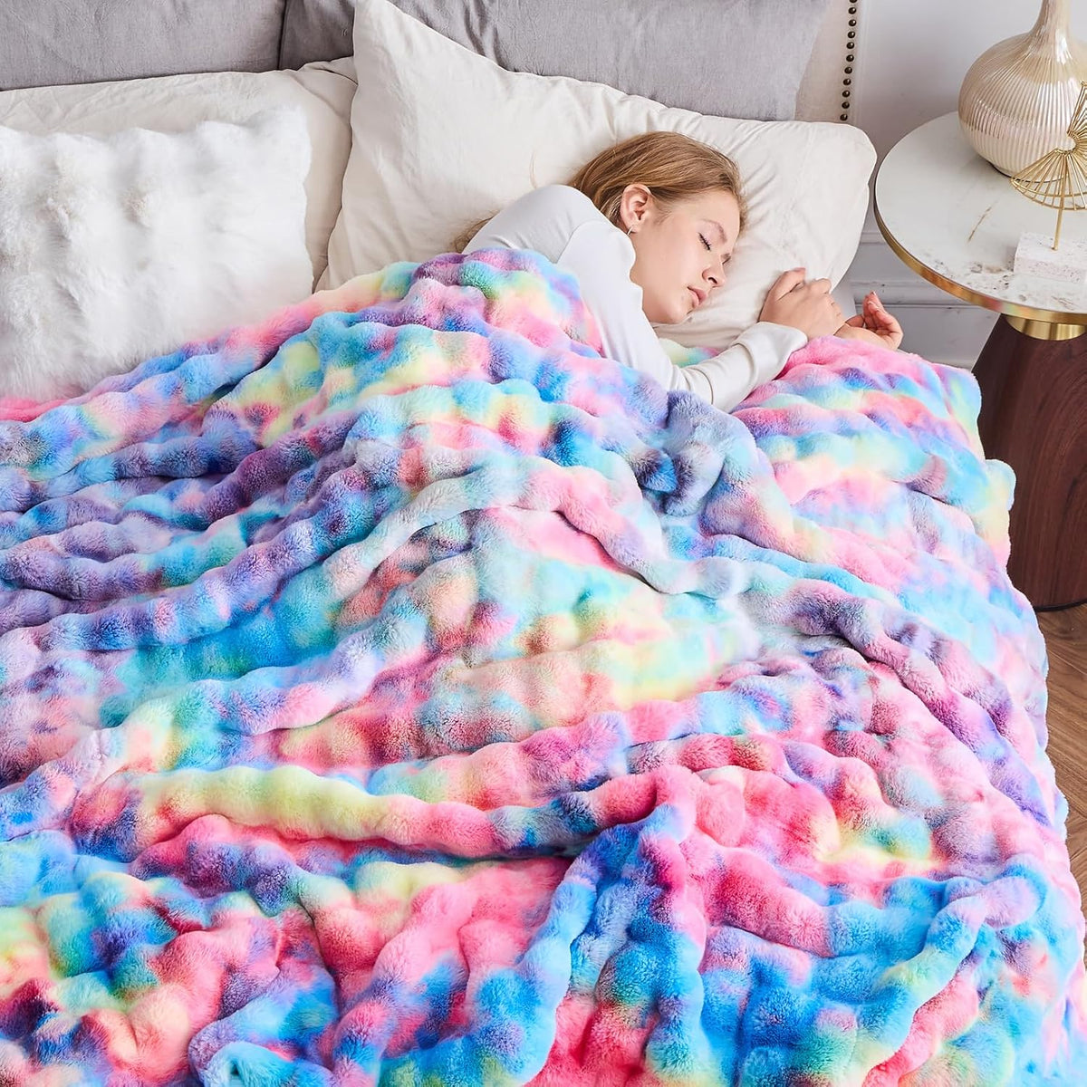 NEWCOSPLAY Faux Fur Throw Blanket Dark Rainbow Luxury Fluffy Thick Warm Bubble Blanket for Couch