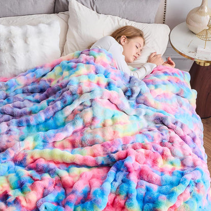 NEWCOSPLAY Faux Fur Throw Blanket Dark Rainbow Luxury Fluffy Thick Warm Bubble Blanket for Couch