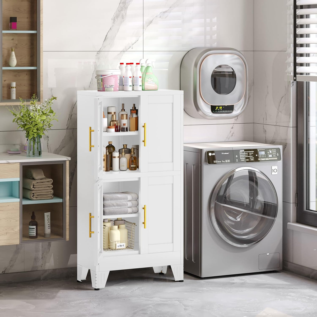 47.25" Metal Pantry Cabinet, Storage Cabinets with 4 Door and 2 Adjustable Shelves, White Bathroom