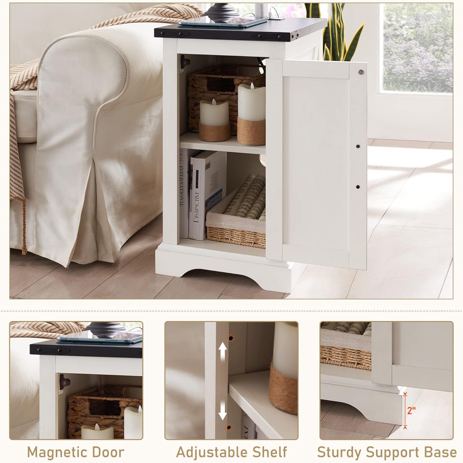 JXQTLINGMU Farmhouse Nightstand Set of 2 with Charging Station, 17" D Rectangular End Table with