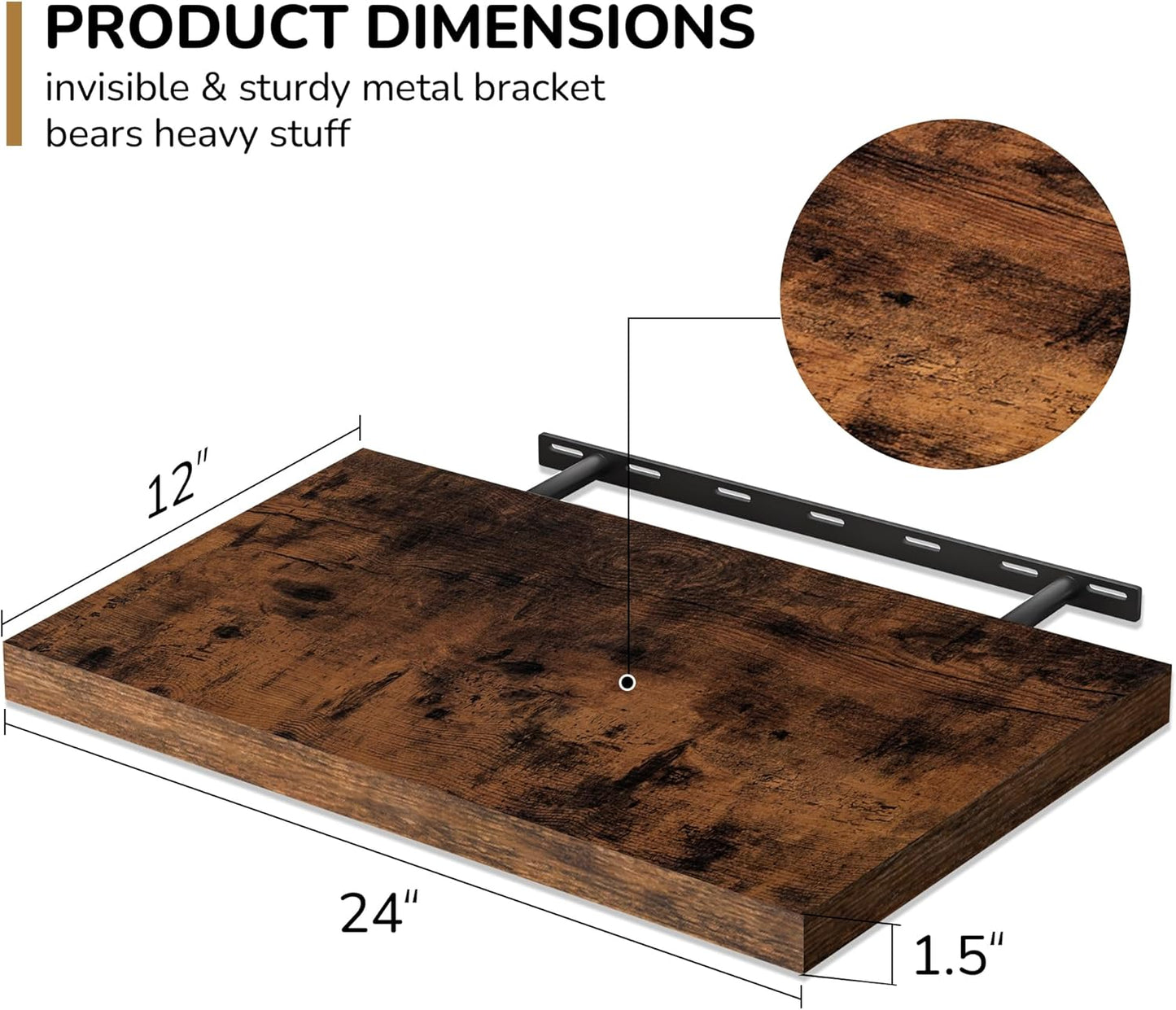 Fun Memories Floating Shelves - 2 Pack 12 Inch Deep Rustic Wooden Wall Shelves - Extra Deeper &