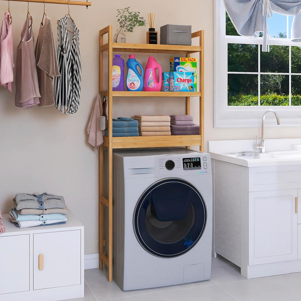 SMIBUY Bathroom Storage Shelf, Bamboo Over-The-Toilet Organizer Rack, Freestanding Toilet Space