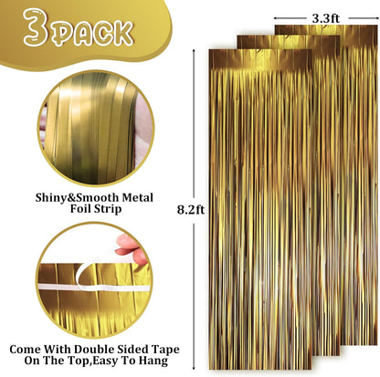 3 Pack 3.3 x 8.2 ft Matte Gold Foil Fringe Backdrop Curtains, Tinsel Streamers Party Decorations