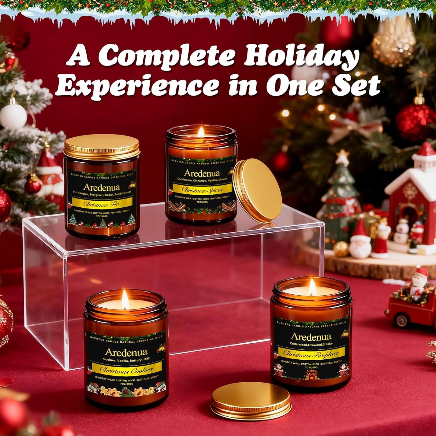 Christmas Candles Set | 4 Pack Winter Holiday Scented Candles, Soy Candles for Home Scented - Xmas