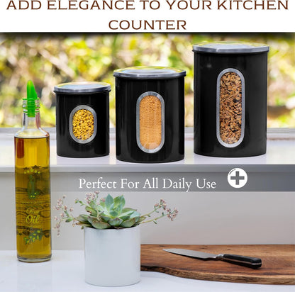 Moss & Stone 3-Piece Black Canisters Sets For The Kitchen, Airtight Canister Set With See Through