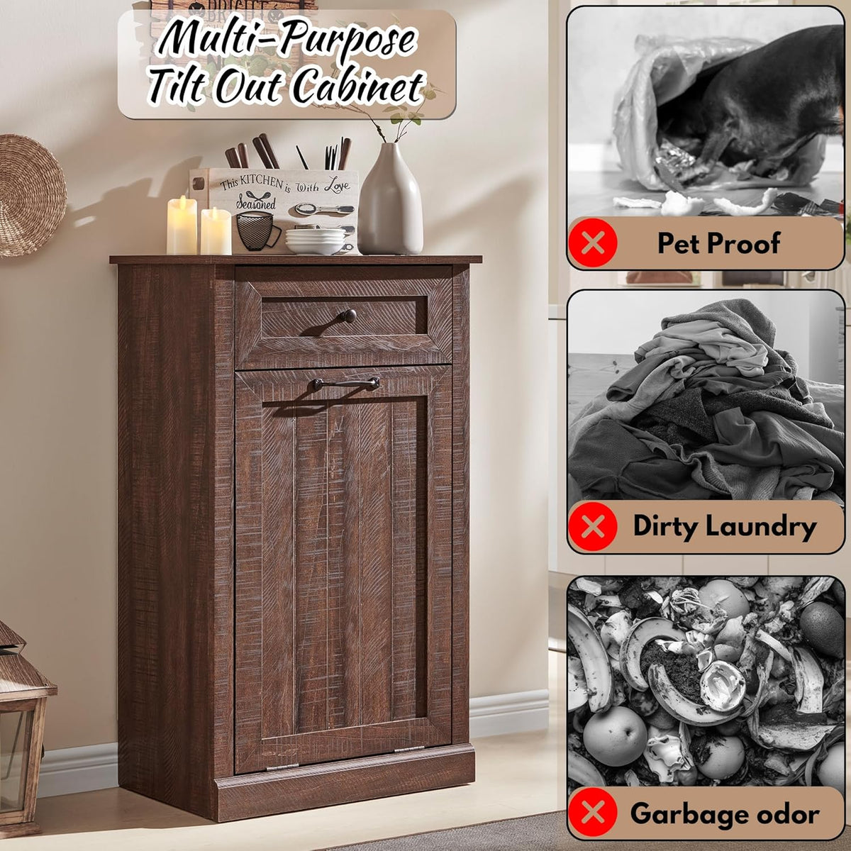 Tilt Out Laundry Hamper Cabinet, 10 Gallon Farmhouse Trash Can Cabinet with Drawer, Hidden Wood