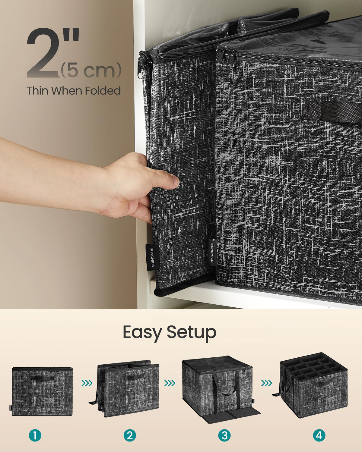 SONGMICS Shoe Organizer for Closet, Set of 2, Shoe Storage Box with Clear Lid, Foldable Fabric