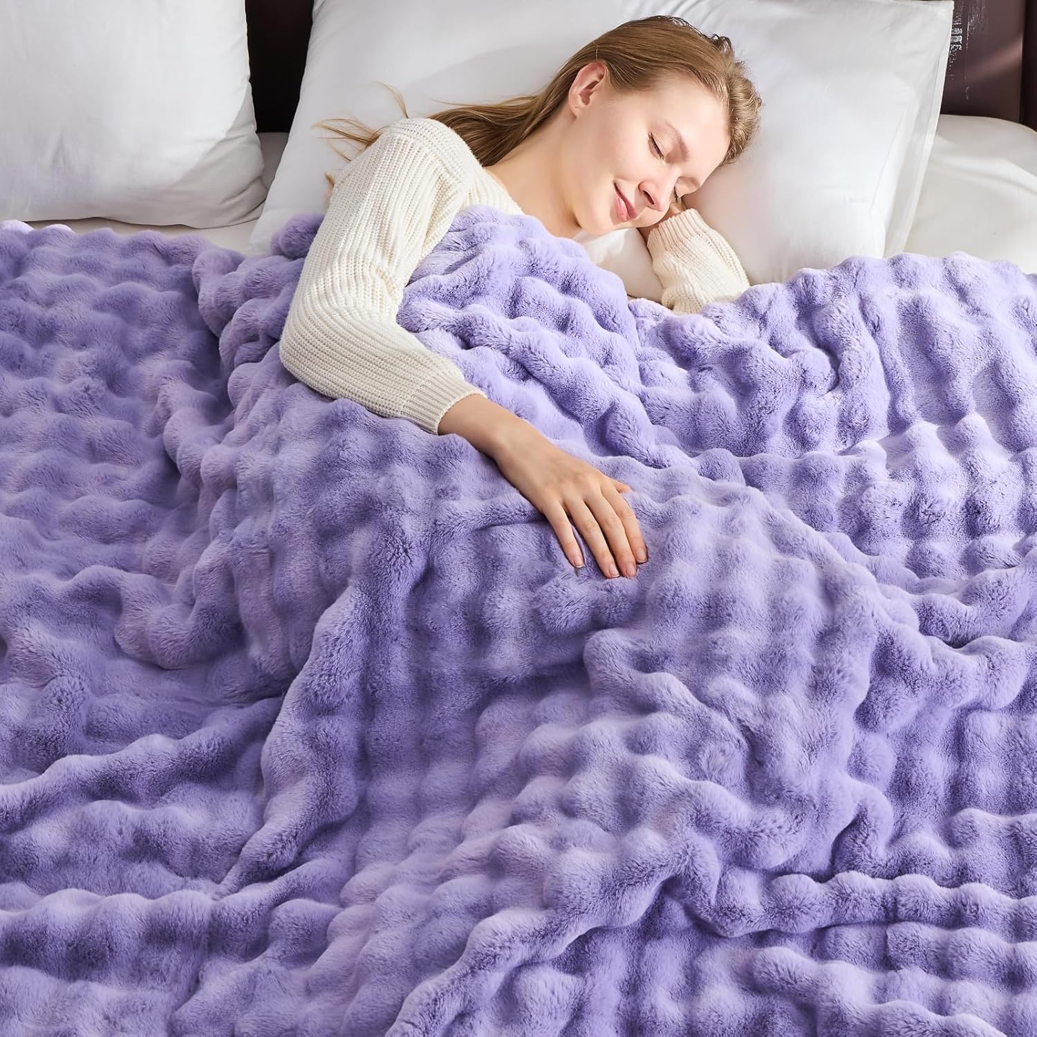 NEWCOSPLAY Faux Fur Throw Blanket Lavender Bubble Blanket Thick Warm Soft for Couch Sofa Bed 550GSM
