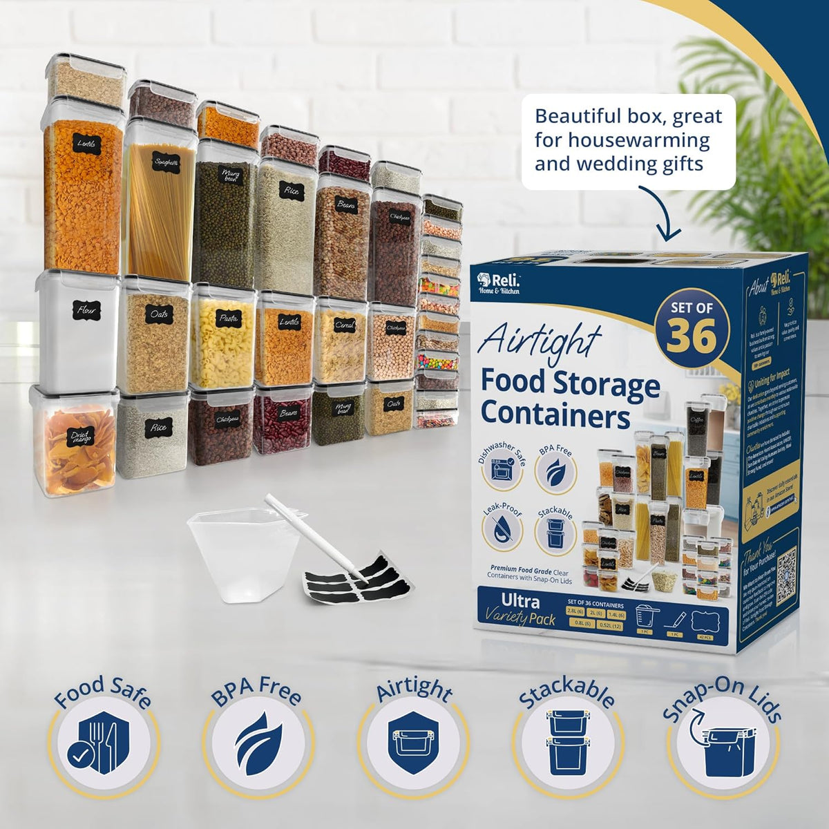 Reli. Airtight Food Storage Containers with Lids (36 Sets) | Kitchen Organizers and Storage Pantry