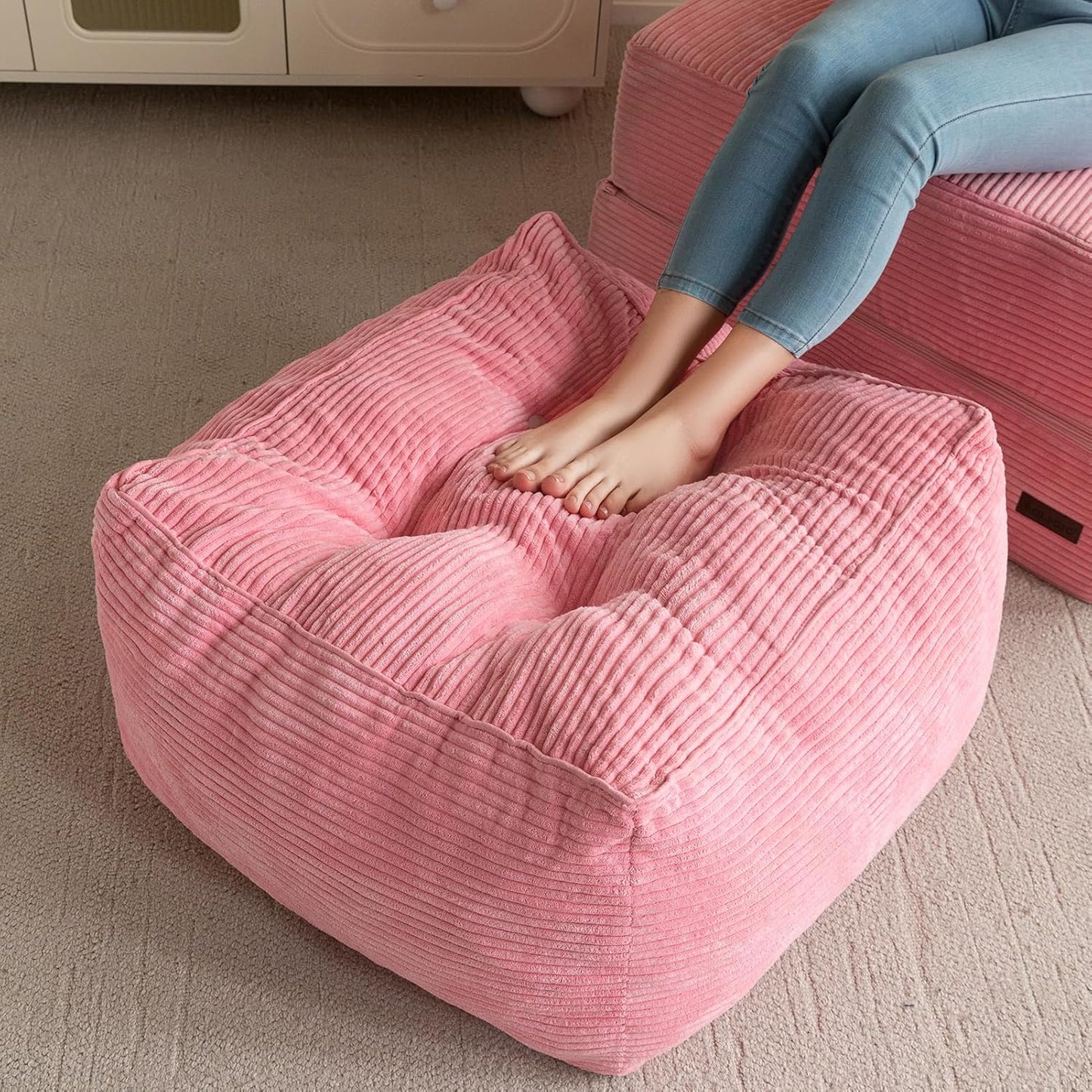 HIGOGOGO Square Stuffed Pouf Ottoman, Corduroy Poufs with Foam Chunk Filling, Furry and Fluffy Pouf