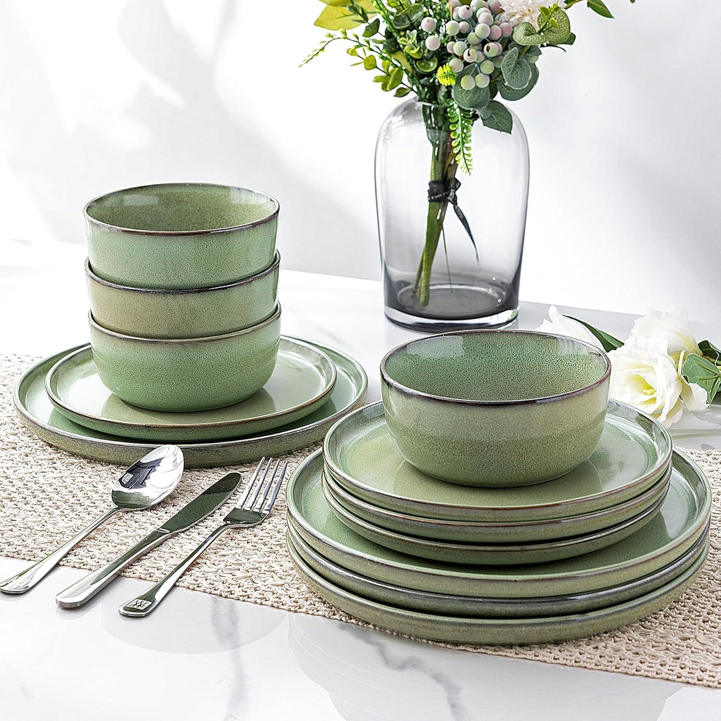 GBHOME Ceramic Dinnerware Sets for 4, 12 Pieces Stoneware Plates and Bowls Sets, Scratch Resistant