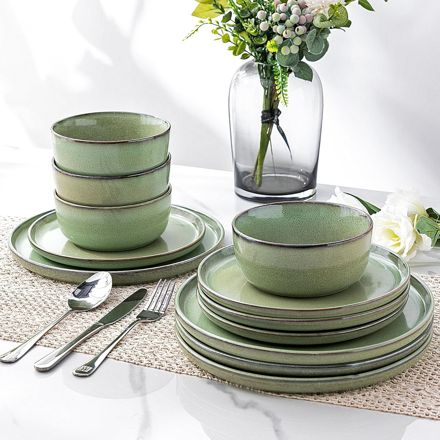 GBHOME Ceramic Dinnerware Sets for 4, 12 Pieces Stoneware Plates and Bowls Sets, Scratch Resistant