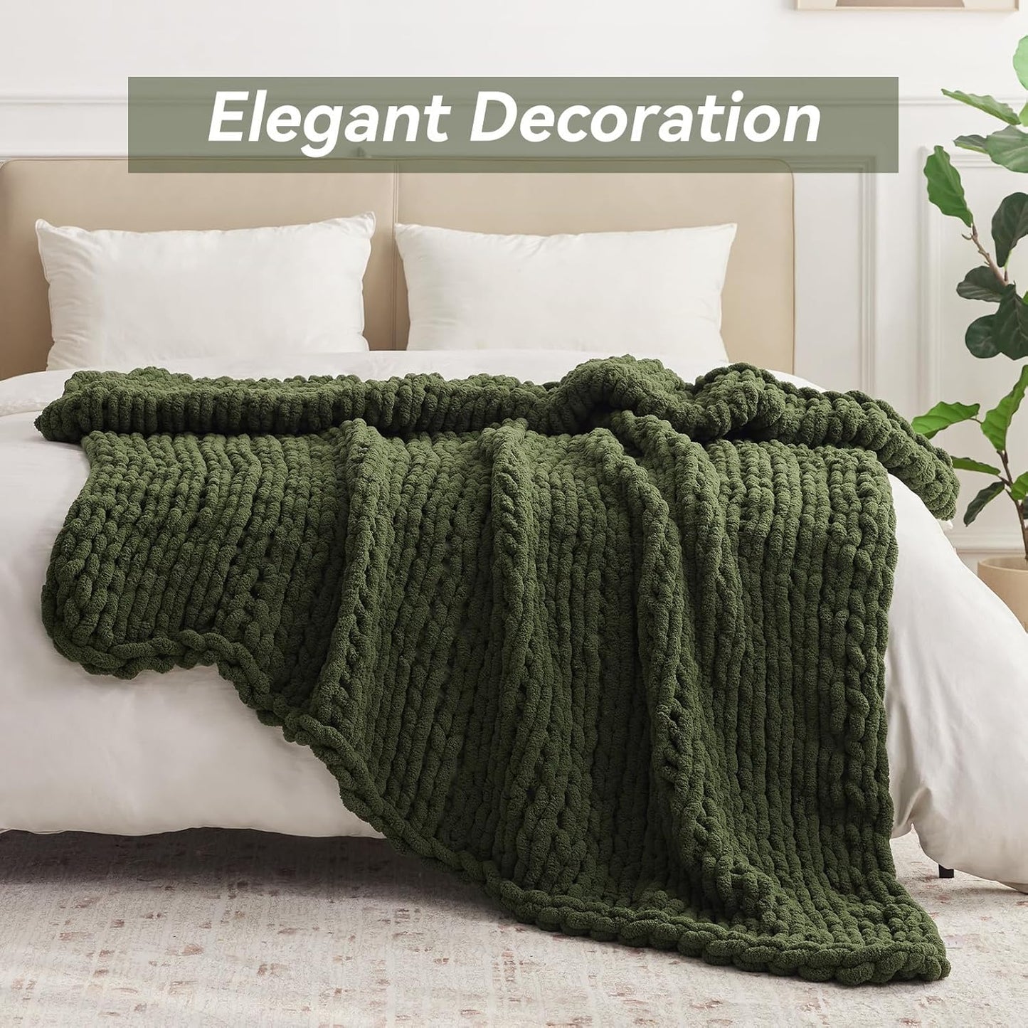 Chunky Knit Throw Blanket, 30''*40'' Knitted Throw Chenille Yarn for Bed Couch, Handmade Green