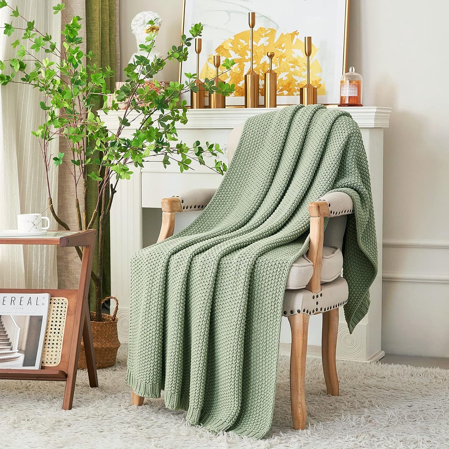 Chunky Cable Knit Throw Blanket Lightweight Light Green 100% Organic Cotton Blanket for Sofa Couch