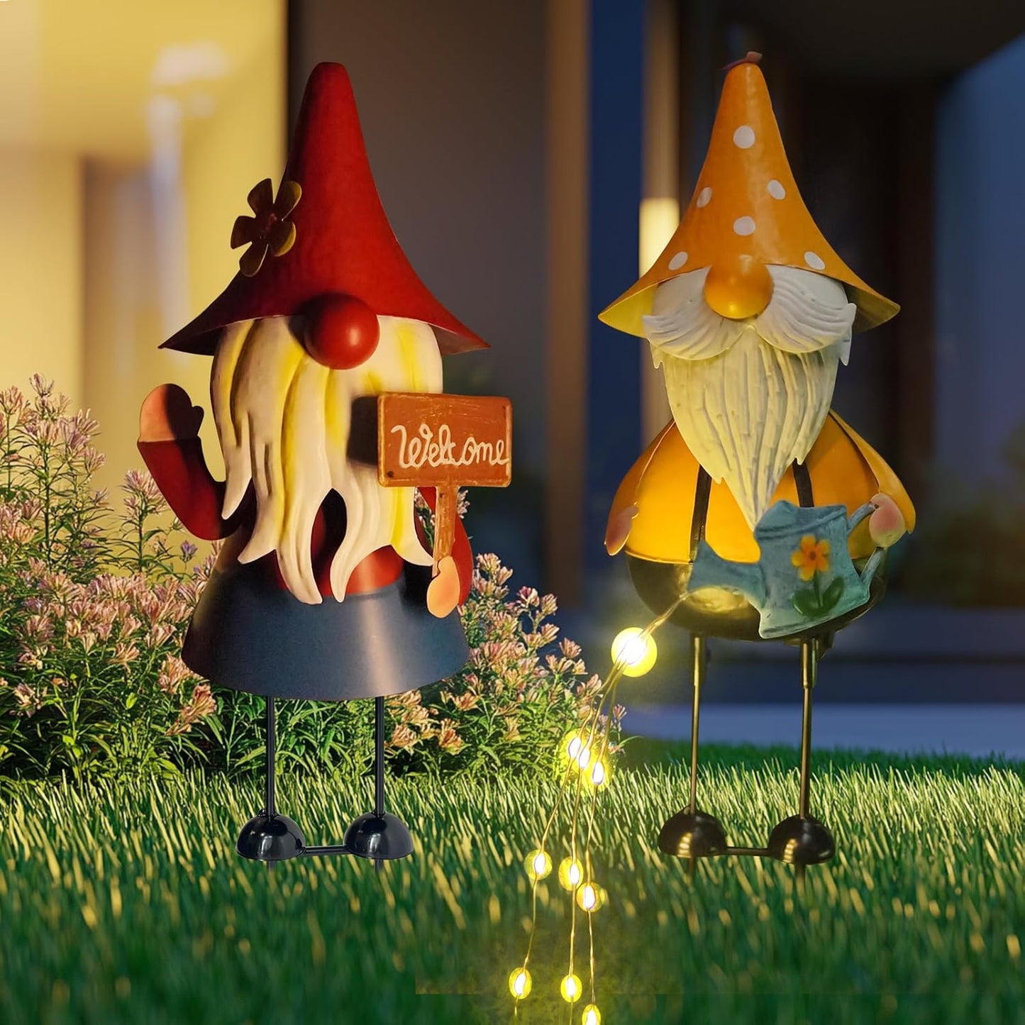 HONGLAND Metal Gnome Yard Art -18 Inch Garden Gnomes Statues Outdoor Decor with Watering Can Solar