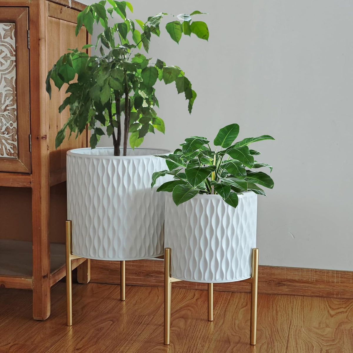 ARNIS Plants Pots with Stand, Set of 2 P lanters, Unique Mid Century Decorative Metal Flower Pots