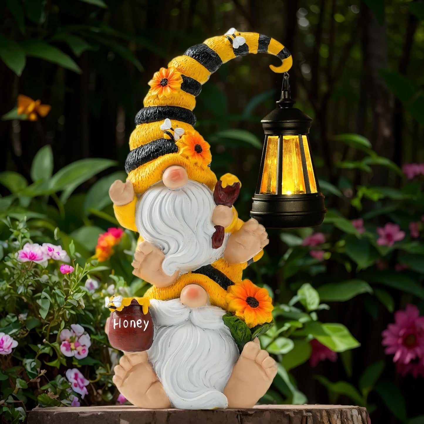 Solar Bee Garden Gnomes with LED Lantern – Waterproof Stacked Outdoor Decor for Yard, Patio