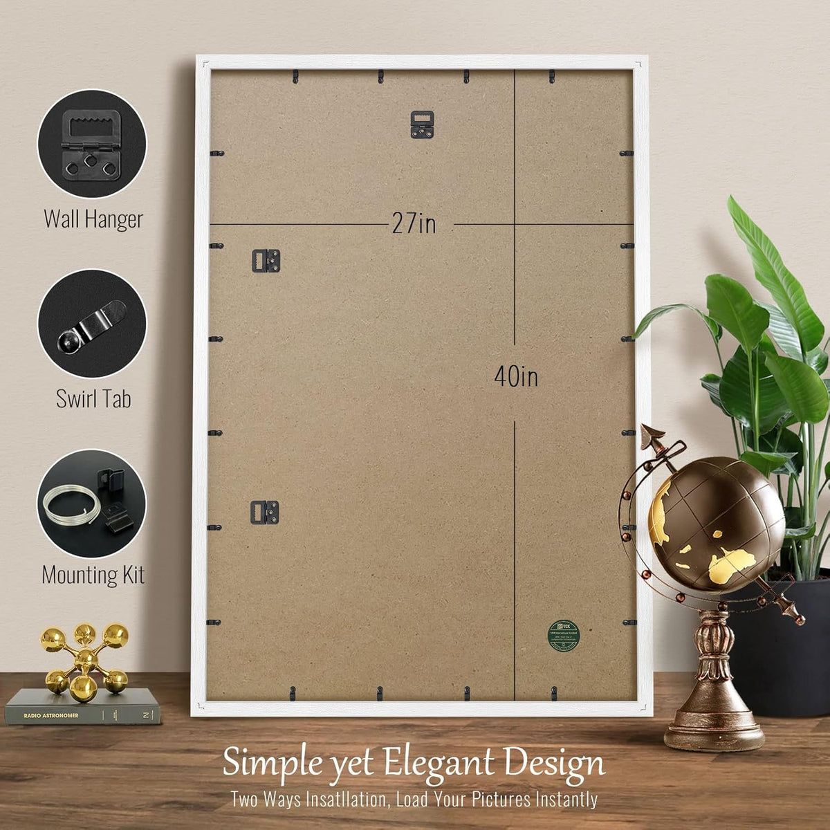 VCK 27x40 Solid Wood Poster Frames Set of 3, Exclusive Woodgrain White Picture Frame, Wall Mounting