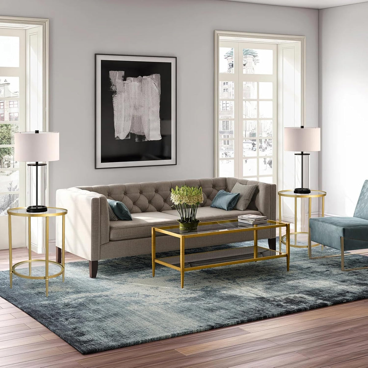2 Tier Round Side Table, Gold End Table with Glass Top, Modern Metal Clear Coffee Tables, Small