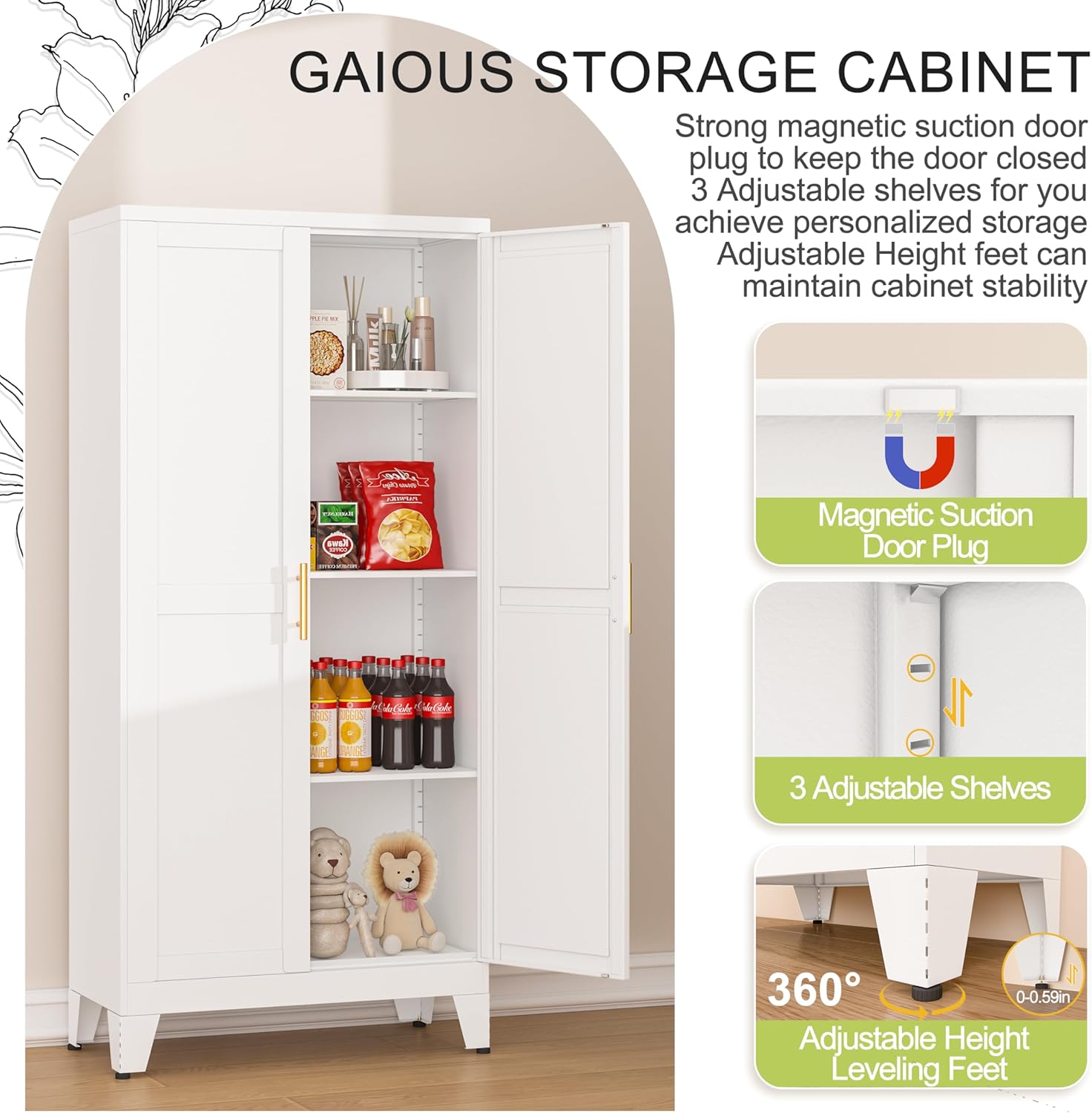 Metal Pantry Cabinet, Kitchen Pantry Storage Cabinets with 2 Door and 3 Adjustable Shelves, White