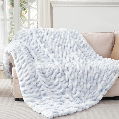 Touchat Ruched Faux Rabbit Fur Throw Blanket, 700 GSM Luxury Dual-Sided Soft Cozy Blanket, Fuzzy