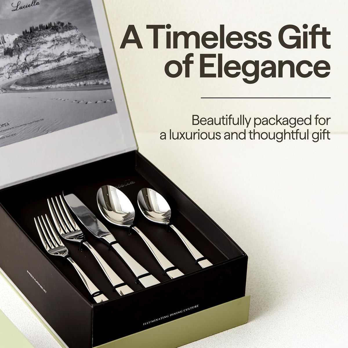 Luciella Tropea Polished Flatware Set for 8, 45-Piece Premium 18/10 Stainless Steel Silverware Set