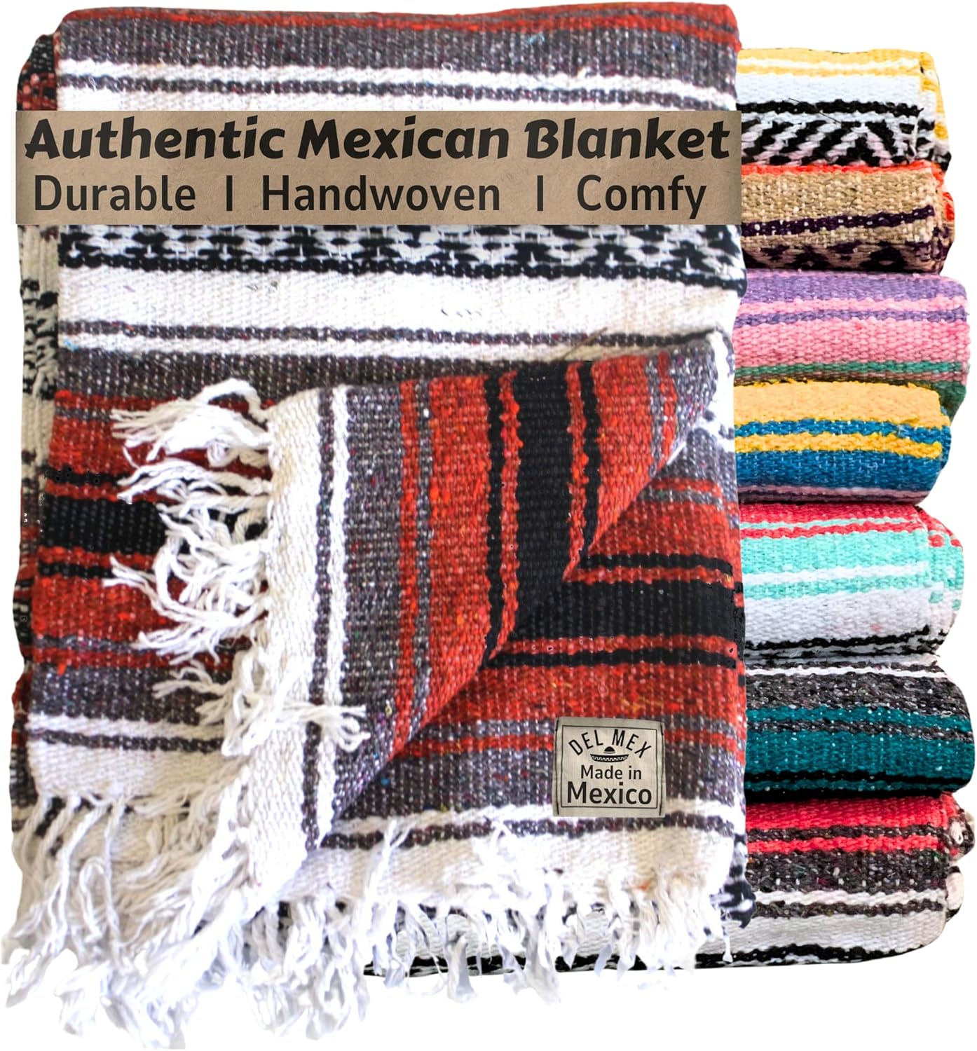 Del Mex Classic Mexican Blanket, Large Authentic Woven Falsa Throw (70"x50"), Artisan Southwest