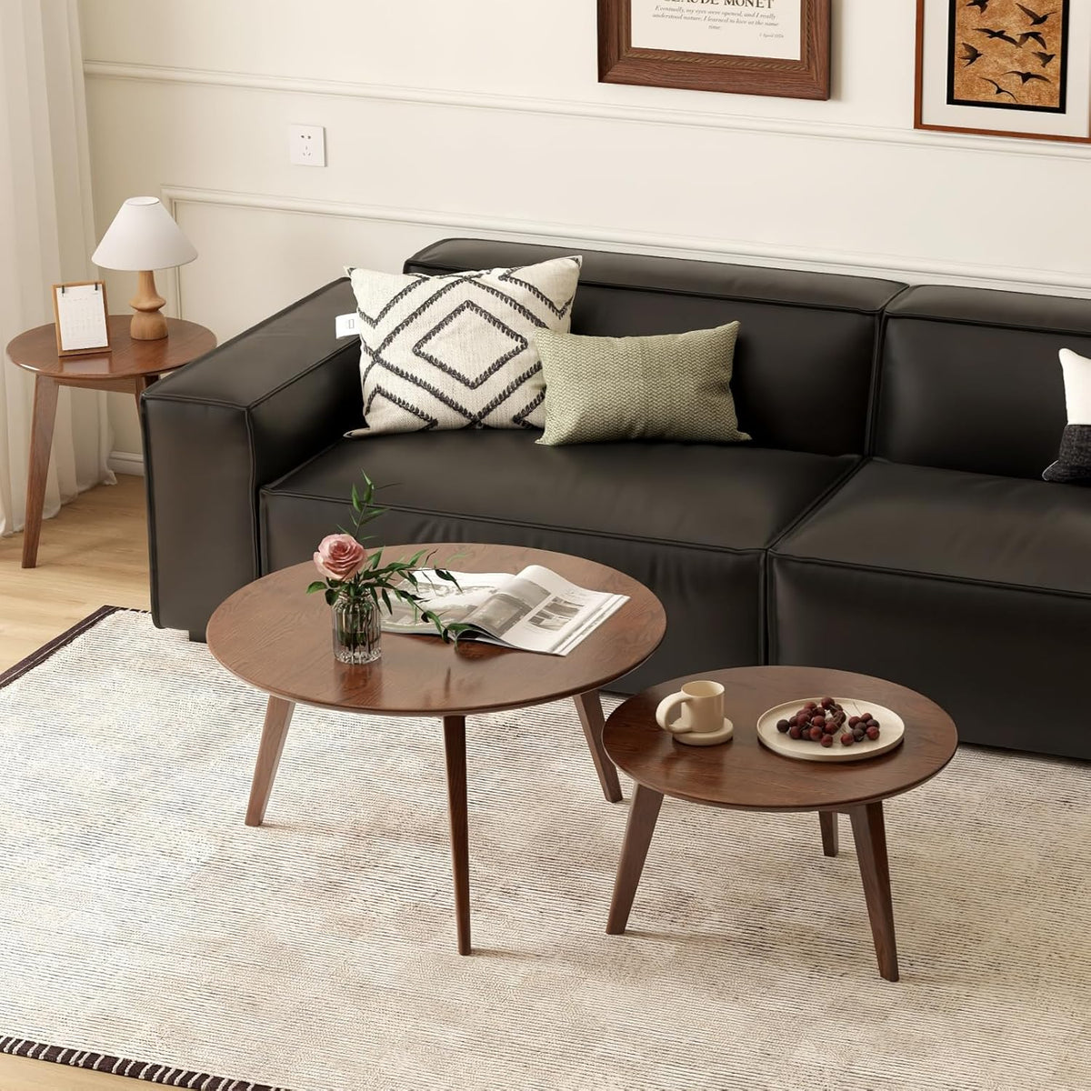 100% Solid Oak Wood Coffee Table Set, Round Coffee Table Combo Side Table w/Solid Wood Legs, Mid