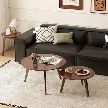 100% Solid Oak Wood Coffee Table Set, Round Coffee Table Combo Side Table w/Solid Wood Legs, Mid