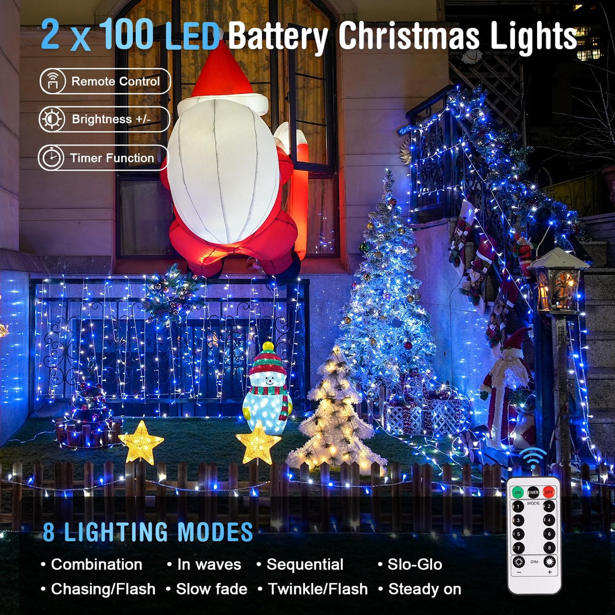 JMEXSUSS 2 Pack Blue and White Battery String Lights, Each 33ft 100 LED Battery Powered Christmas
