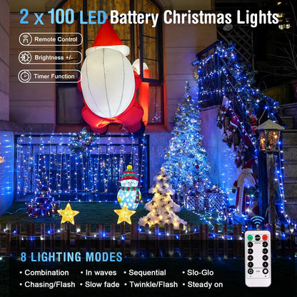 JMEXSUSS 2 Pack Blue and White Battery String Lights, Each 33ft 100 LED Battery Powered Christmas